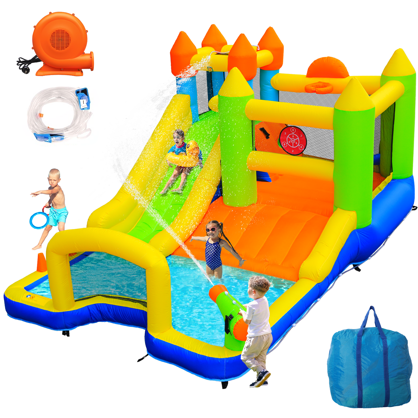 Arlopu Inflatable Bounce Houses for Kids with Splash Pool & Water Blaster & Basketball & Climbing Wall & Dual Pools & Soccer Goal & Air Blower