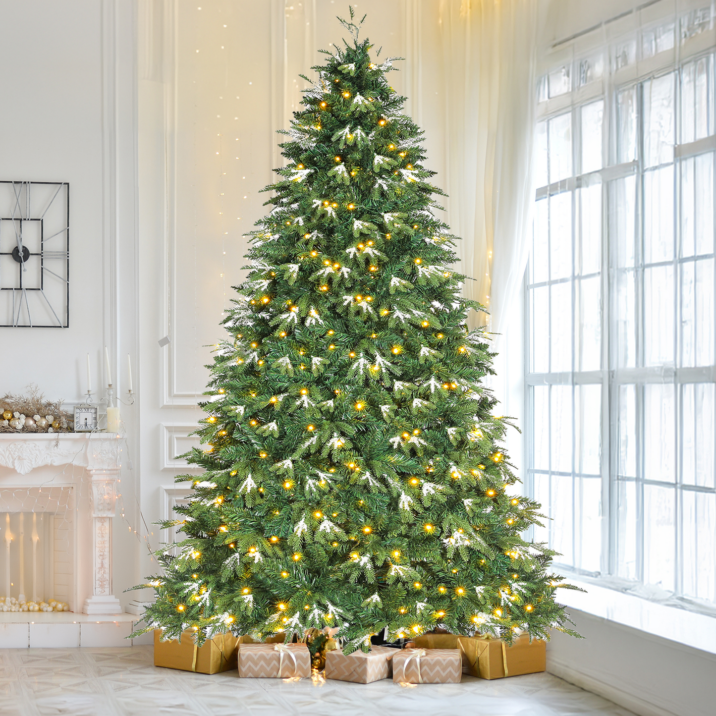 Arlopu 6/8/9ft Pre-lit Christmas Tree, Hinged Artificial Christmas Tree with Ice Crystal Snow, 250 Warm White Lights