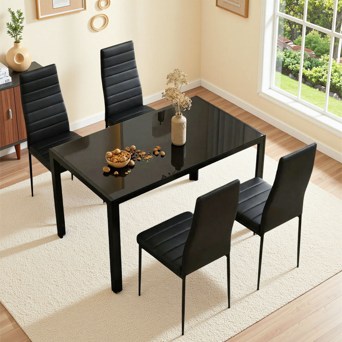 Arlopu 5pcs Dining Furniture Set, Tempered Glass Table & 4 Upholstered PU Chairs, Space-Saving & Metal Steel Frame Dining Room Set for Home, Kitchen, Dining Room, Black