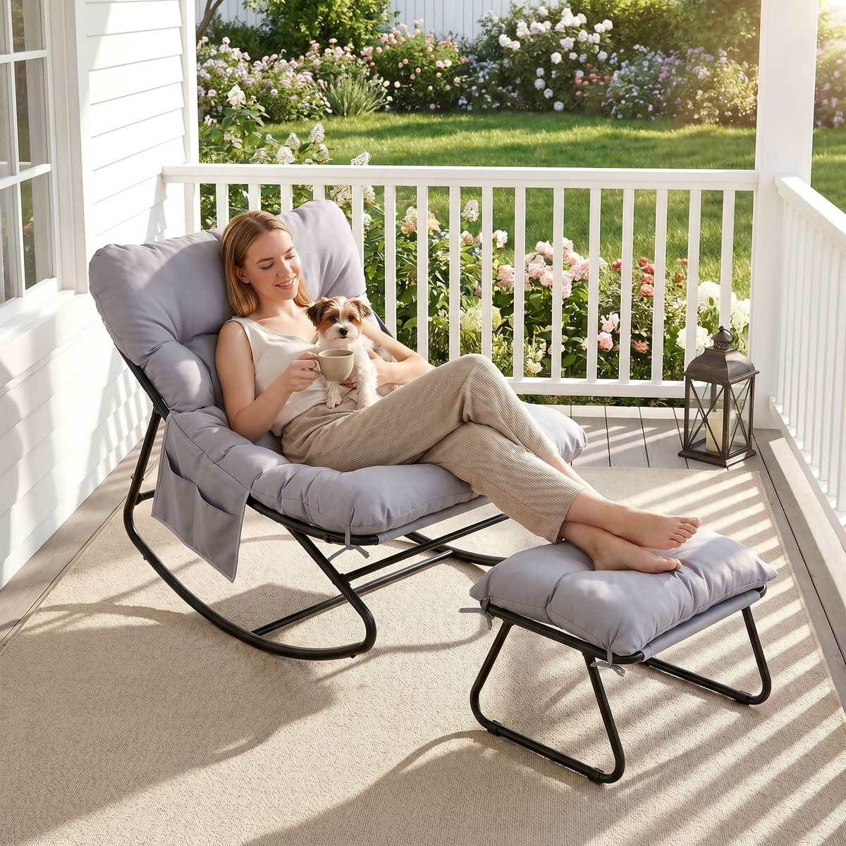 Arlopu Outdoor Papasan Rocking Chair with Ottoman, Oversized Padded Lounge Rocker with Cushion, Comfy Wicker Egg Lounge Chair, Large Indoor Rocking Recliner for Garden Porch Lawn Balcony