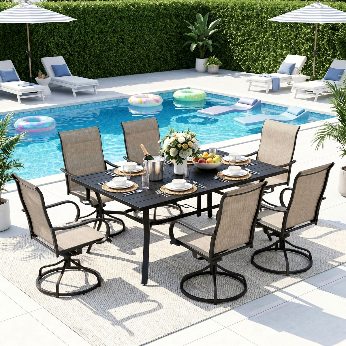 Arlopu 7pcs Patio Dining Set, Rectangular Metal Table and 6 Patio 360° Swivel Chairs, Outdoor Furniture w/ 1.6"Adjustable Umbrella Hole & Foot Pads for Garden Poolside Backyard