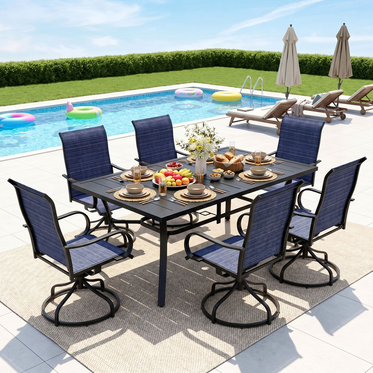 Arlopu 7pcs Patio Dining Set, Rectangular Metal Table and 6 Patio 360° Swivel Chairs, Outdoor Furniture w/ 1.6"Adjustable Umbrella Hole & Foot Pads for Garden Poolside Backyard