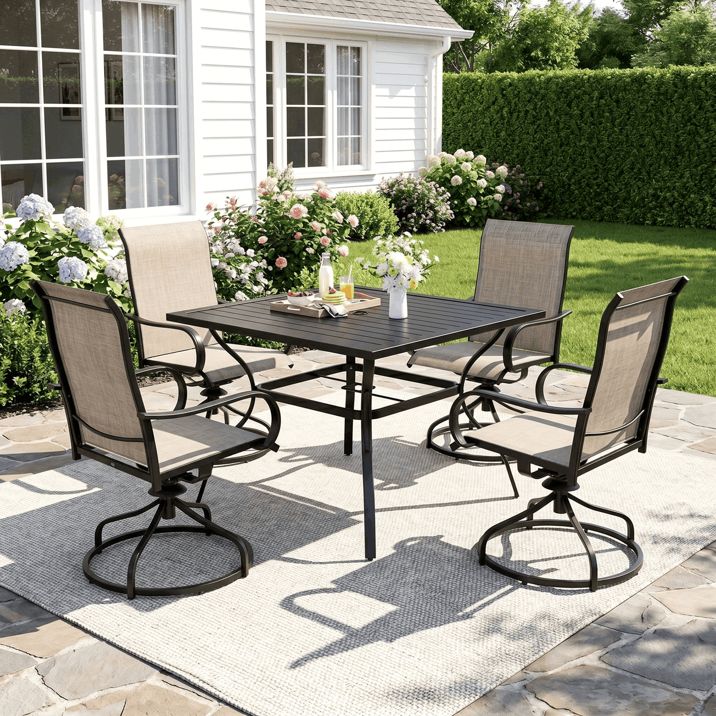 Arlopu 5-Piece Outdoor Patio Dining Set, Square Patio Table & 4 Textilene Swivel Chairs, Blue (Rocking not Included)