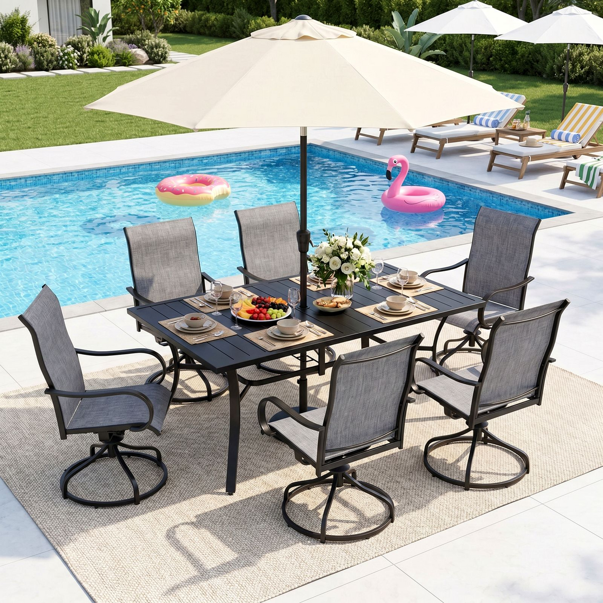 Arlopu 7pcs Patio Dining Set, Rectangular Metal Table and 6 Patio 360° Swivel Chairs, Outdoor Furniture w/ 1.6"Adjustable Umbrella Hole & Foot Pads for Garden Poolside Backyard