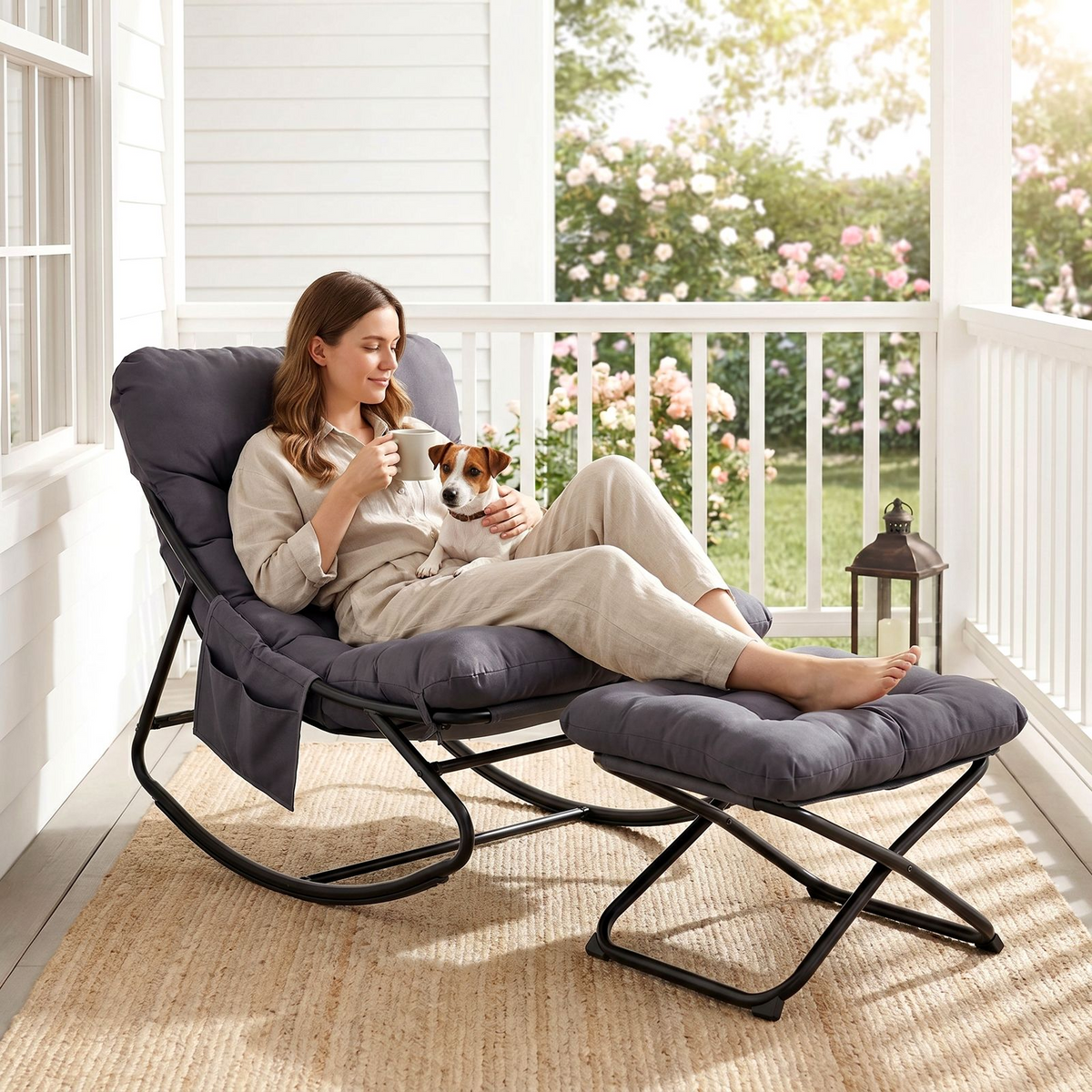 Arlopu Outdoor Papasan Rocking Chair with Ottoman, Oversized Padded Lounge Rocker with Cushion, Comfy Wicker Egg Lounge Chair, Large Indoor Rocking Recliner for Garden Porch Lawn Balcony