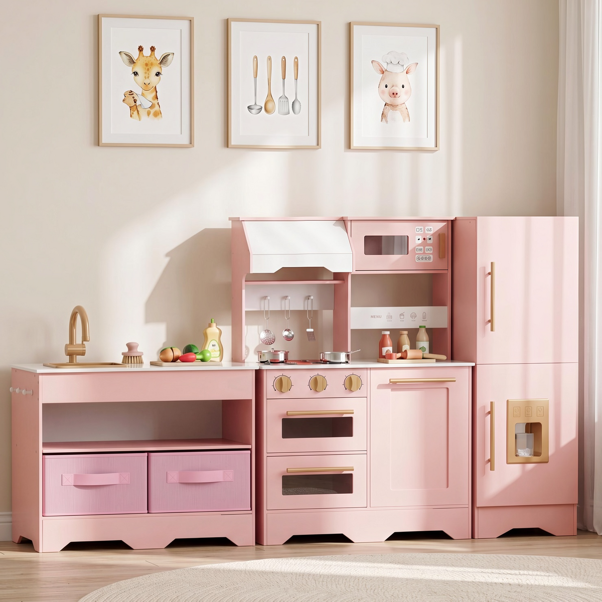 Arlopu Kids Play Kitchen, 3 in 1 Wooden Toy Kitchen Playset w/ Lights & Sounds, Interactive Kitchen Toys Gift for Boys Girls Age 3+