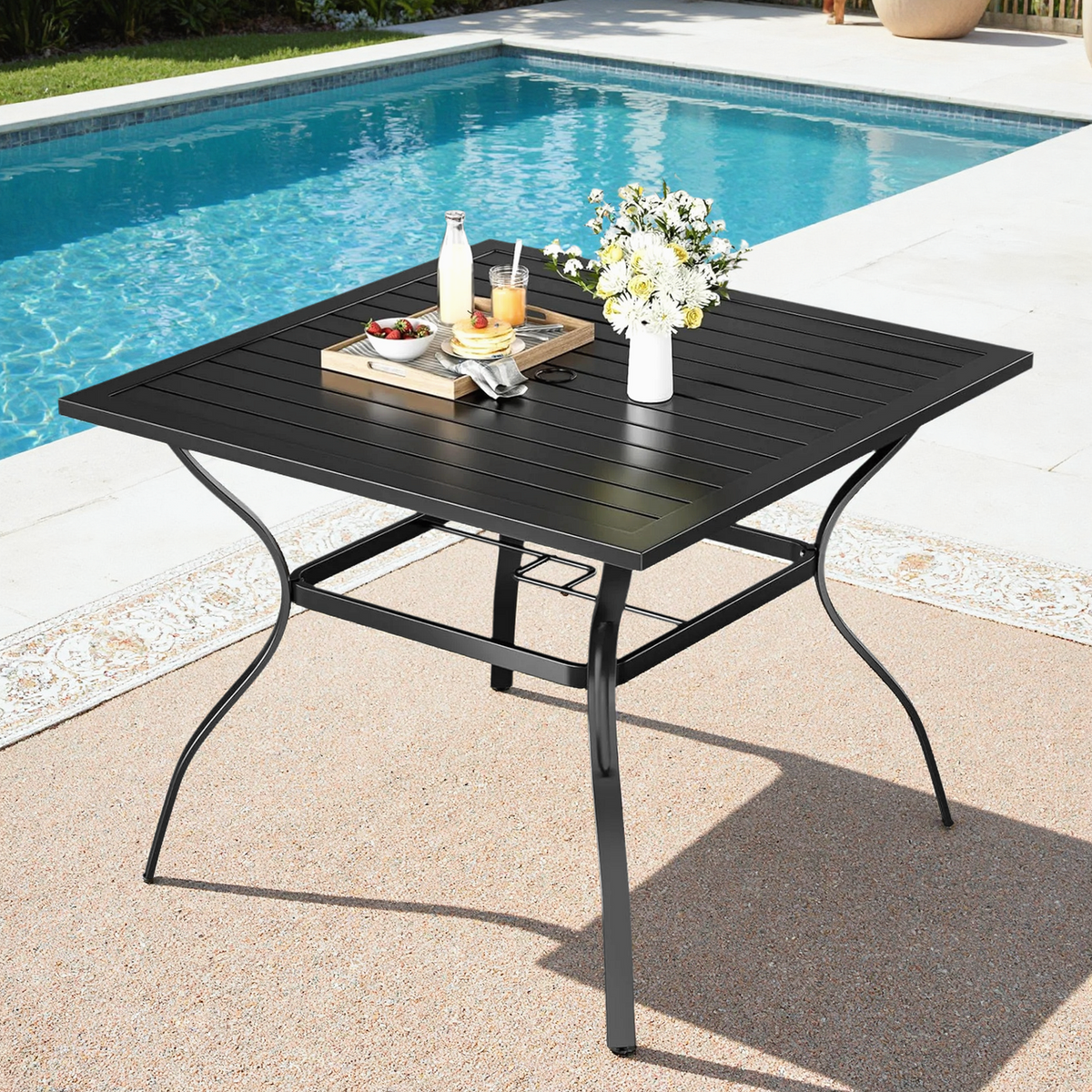 Arlopu 37" Square Patio Dining Table, Outdoor Metal Dining Table w/ 1.57"-1.8" Umbrella Hole & Foot Pads for Backyard Lawn Balcony Poolside