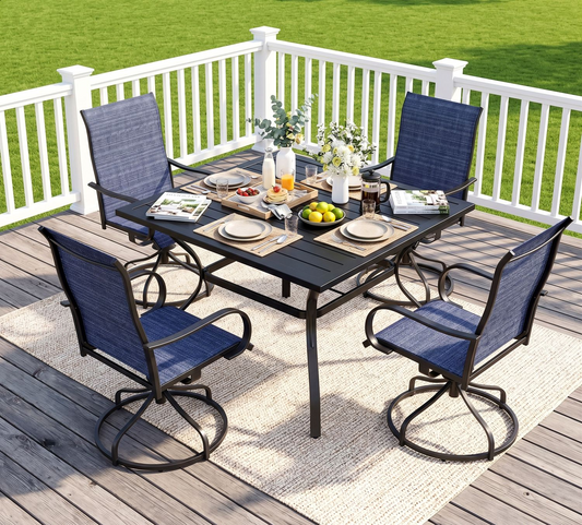 Arlopu 5-Piece Outdoor Patio Dining Set, Square Patio Table & 4 Textilene Swivel Chairs, Blue (Rocking not Included)