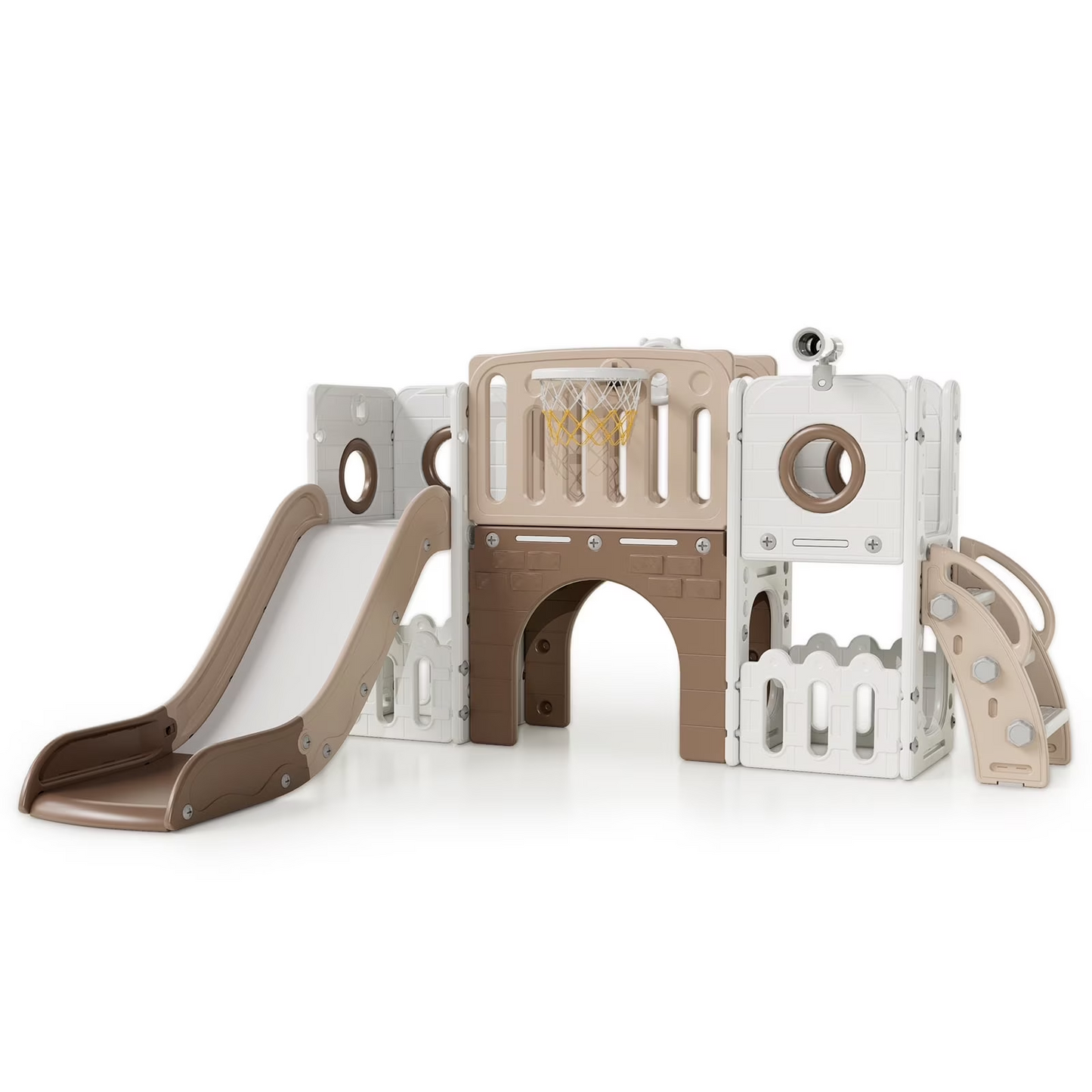 Arlopu 9-in-1 Toddler Slide Set Indoor Playground Slide for Kids with Climber, Basketball Hoop, Tunnel, Telescope and Storage Space