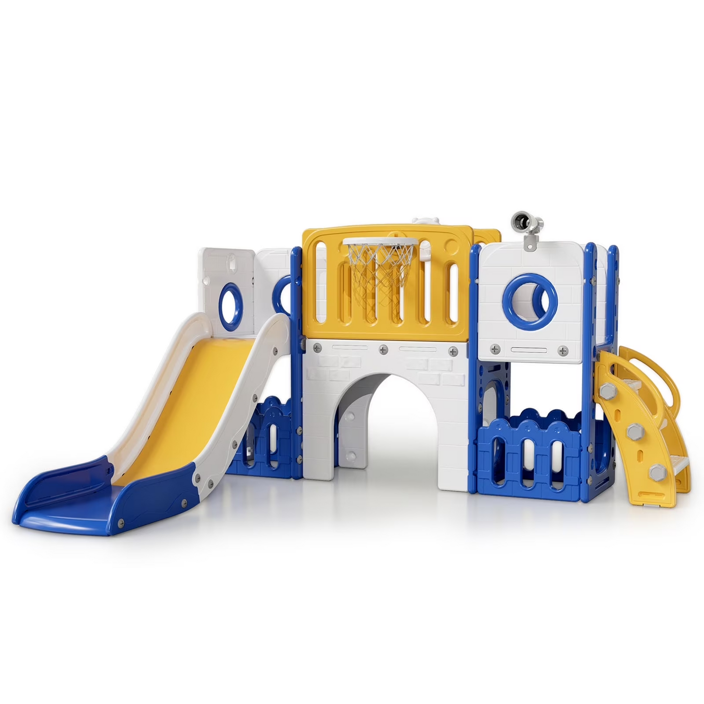 Arlopu 9-in-1 Toddler Slide Set Indoor Playground Slide for Kids with Climber, Basketball Hoop, Tunnel, Telescope and Storage Space