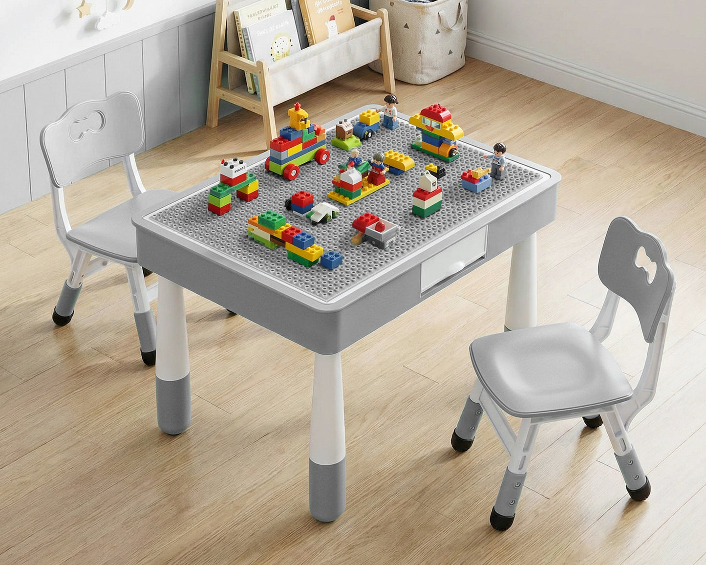 Arlopu 4 in 1 Kids Table and 2 Chairs Set with 2 Drawers, Toddler Table and Chair Set for Ages 3-10, Graffiti & Building Blocks Double-Sided Tabletop, Height Adjustable