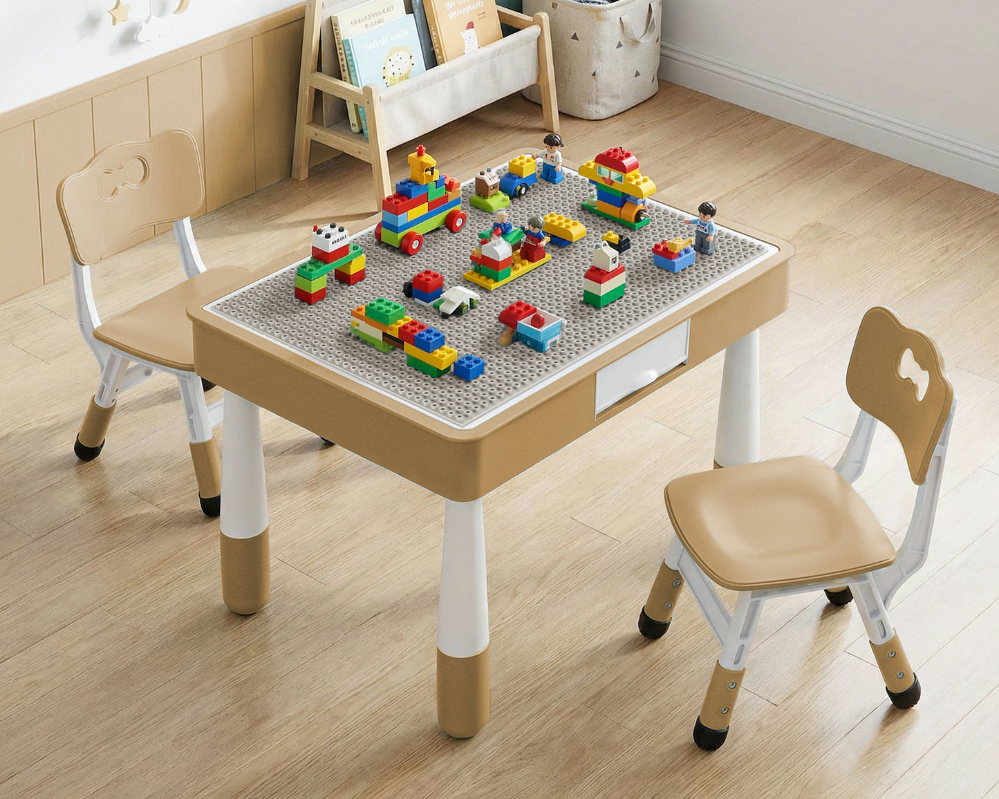 Arlopu 4 in 1 Kids Table and 2 Chairs Set with 2 Drawers, Toddler Table and Chair Set for Ages 3-10, Graffiti & Building Blocks Double-Sided Tabletop, Height Adjustable