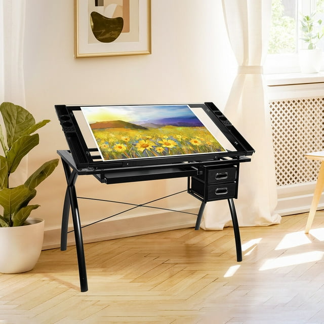 Arlopu Tempered Glass Adjustable Drafting Table with Storage Drawers, Steel Frame Drawing Table