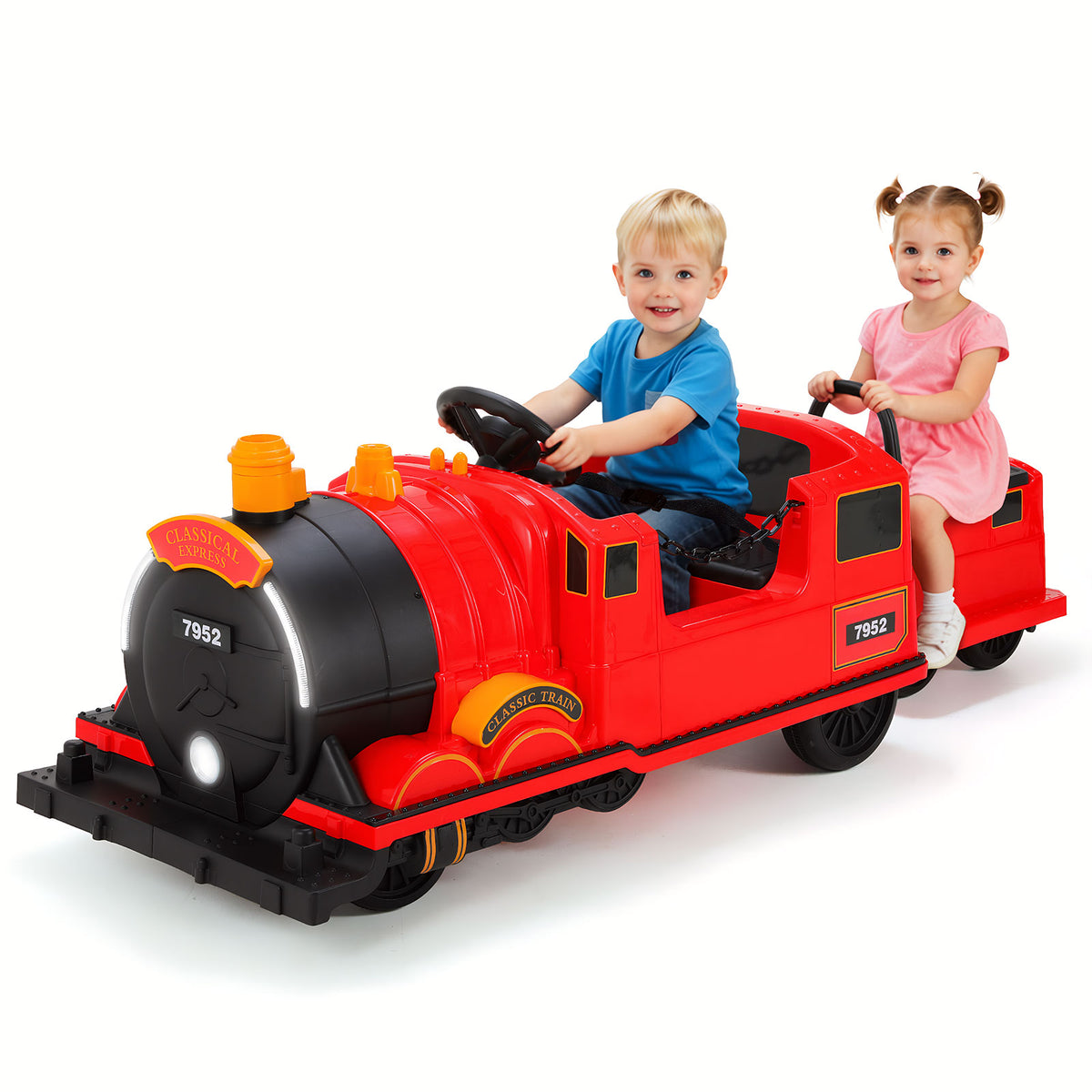 Arlopu Kids Ride on Train with Carriage Trackless, 12V Battery Powered Electric Train with LED Lights, Music & Storage for Toddler Age 2+, Red