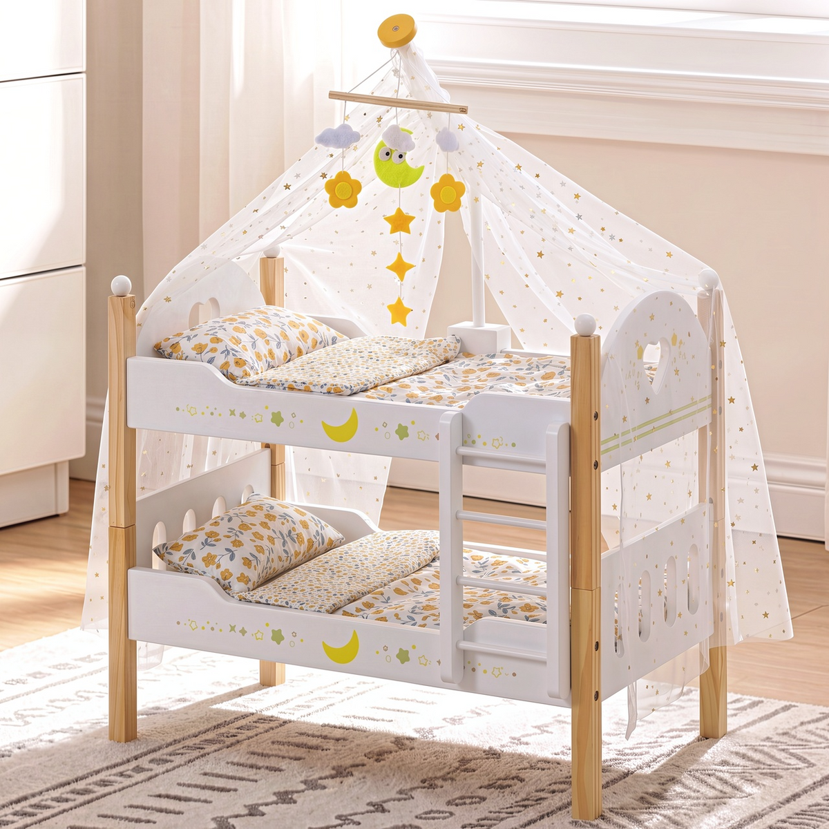 Arlopu Baby Doll Crib, Wooden Detachable Dolls Bunk Bed set with Tulle
