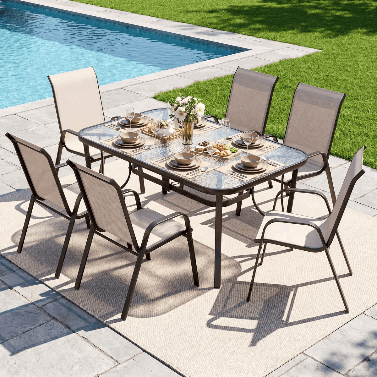 Arlopu Patio Dining Set 7 Pieces Outdoor Table and 6 Chairs w/ 1.69″Umbrella Hole for Backyard