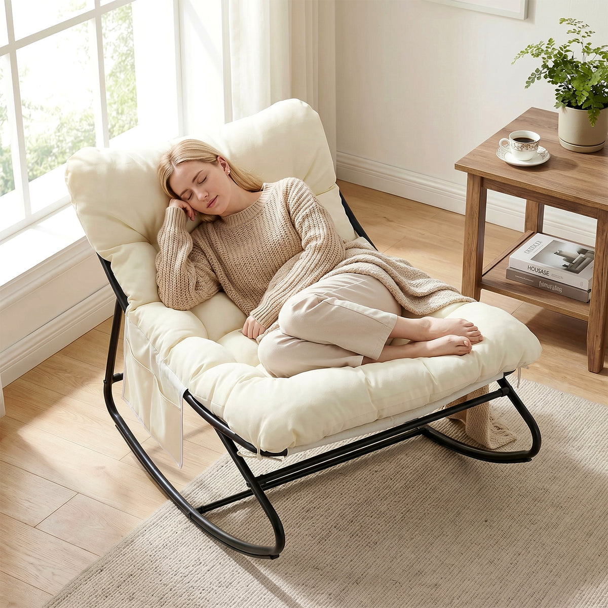 Arlopu Outdoor Papasan Rocking Chair, Oversized Padded Lounge Rocker with Cushion, Comfy Wicker Egg Lounge Chair, Large Indoor Rocking Recliner for Garden Porch Lawn Balcony