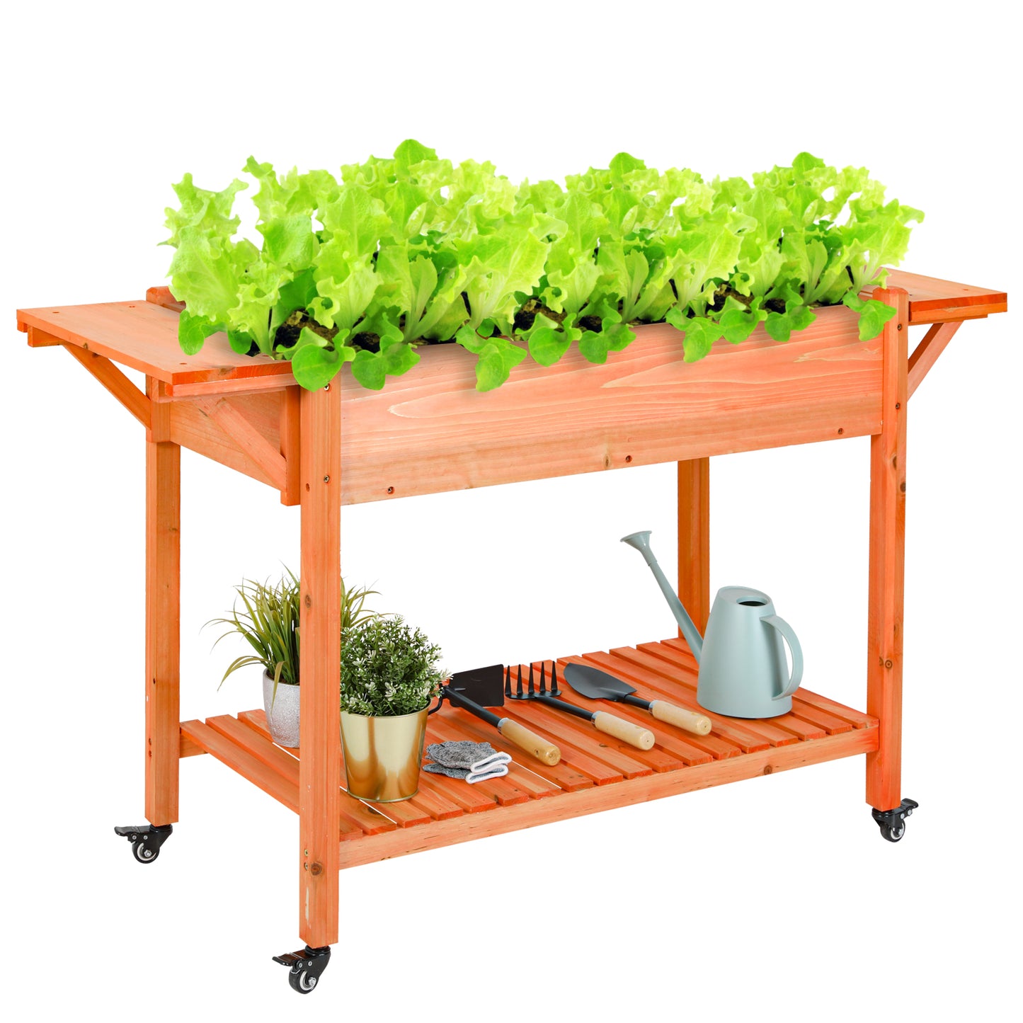 Arlopu Raised Garden Bed with Wheels, Elevated Wood Planter Box with Side Tables and Open Shelf for Outdoor Patio Garden