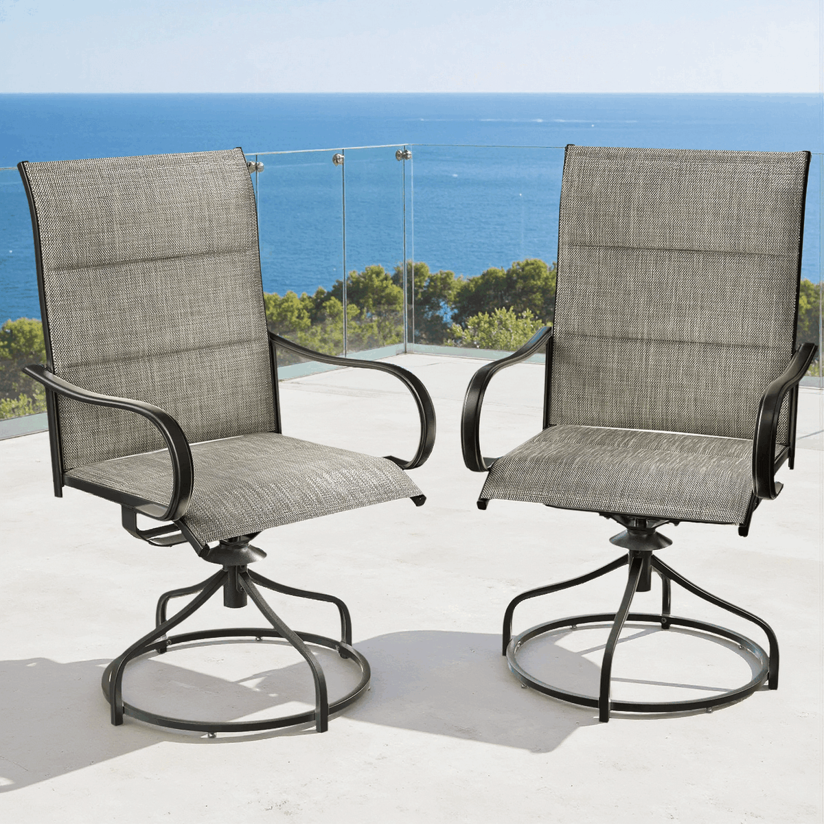 Arlopu Patio Swivel Chair Set of 2, Outdoor Dining Chairs High Back, Padded All Weather Breathable Textilene Outside Furniture Chair, Gray