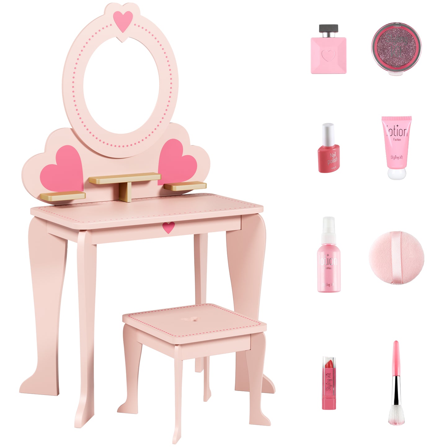 Arlopu 2-in-1 Kids Vanity Table and Chair Set with Mirror, Toddler Vanity Table Set with 8pcs Pretend Play Accessories, Convertible Makeup Desk Toy for Little Girls 3+