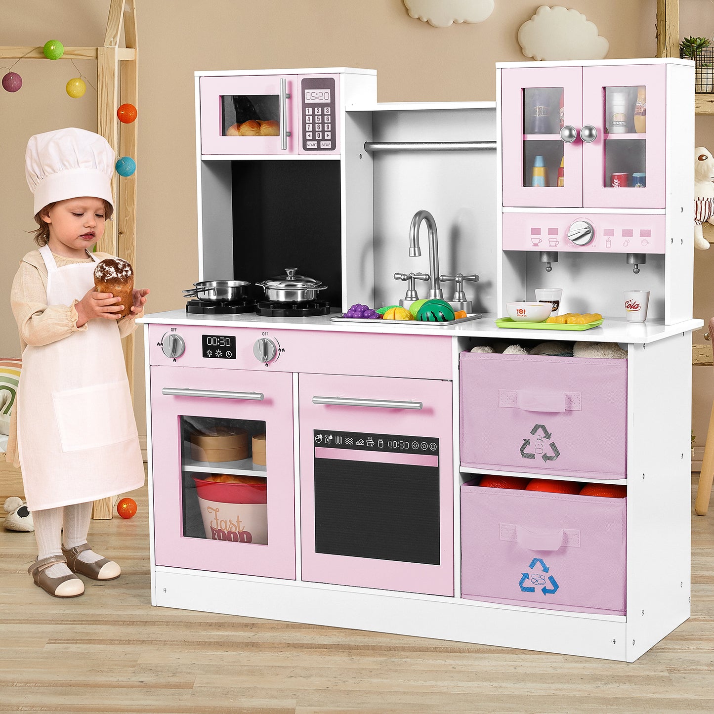 Arlopu Kids Pretend Play Kitchen Set, Wooden Kitchen Cooking Playset with 2 Fabric Storage Boxes