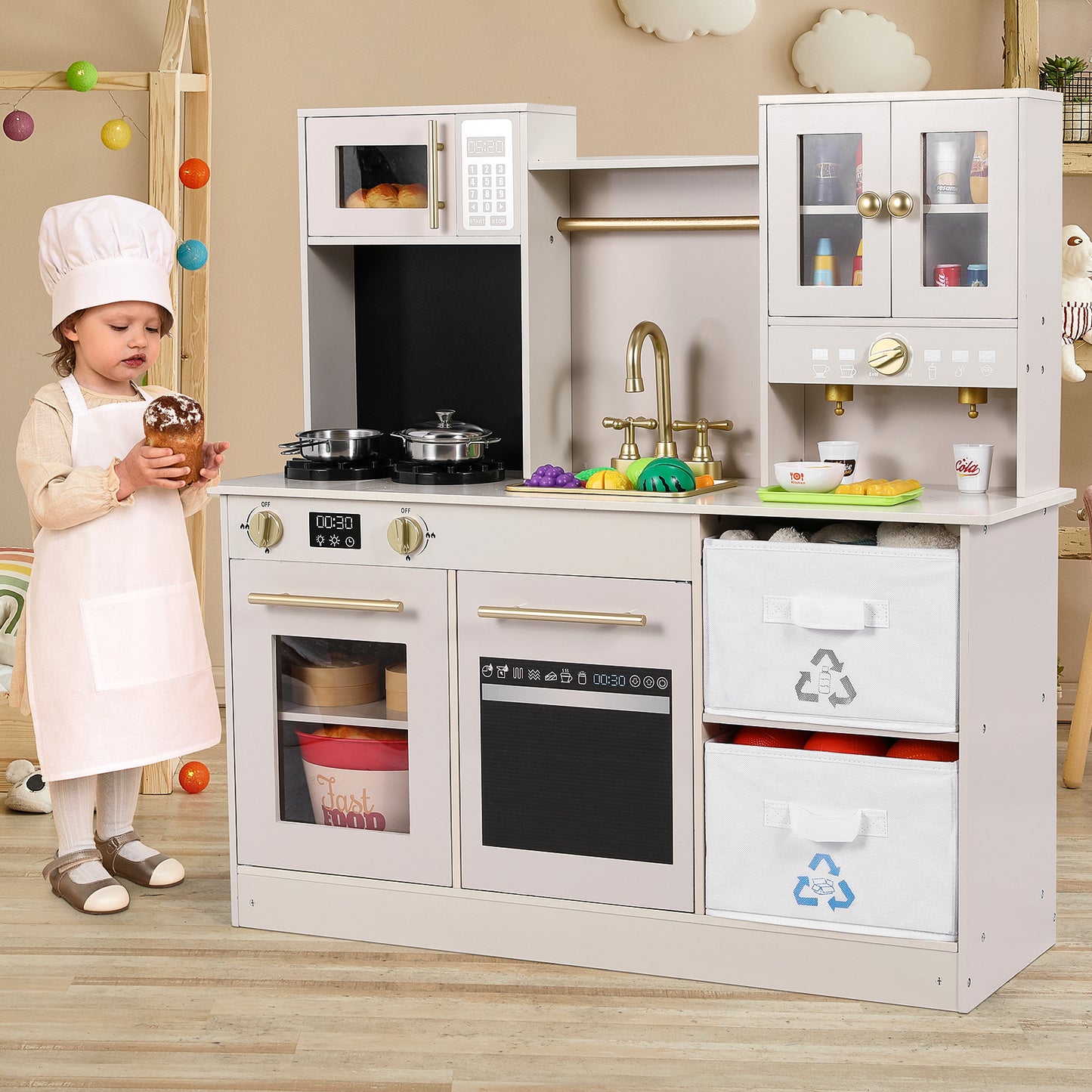 Arlopu Kids Pretend Play Kitchen Set, Wooden Kitchen Cooking Playset with 2 Fabric Storage Boxes