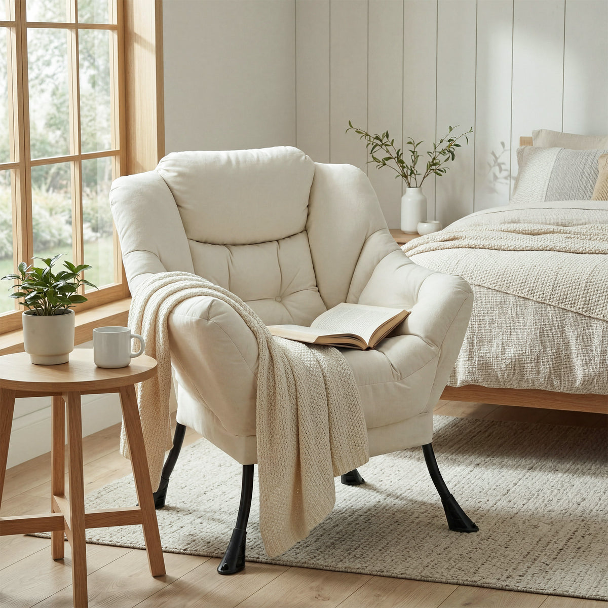 Arlopu Lazy Chair, Modern Lounge Reading Chair with Side Pocket, Upholstered Armchair for Living Room, Bedroom and Dorm
