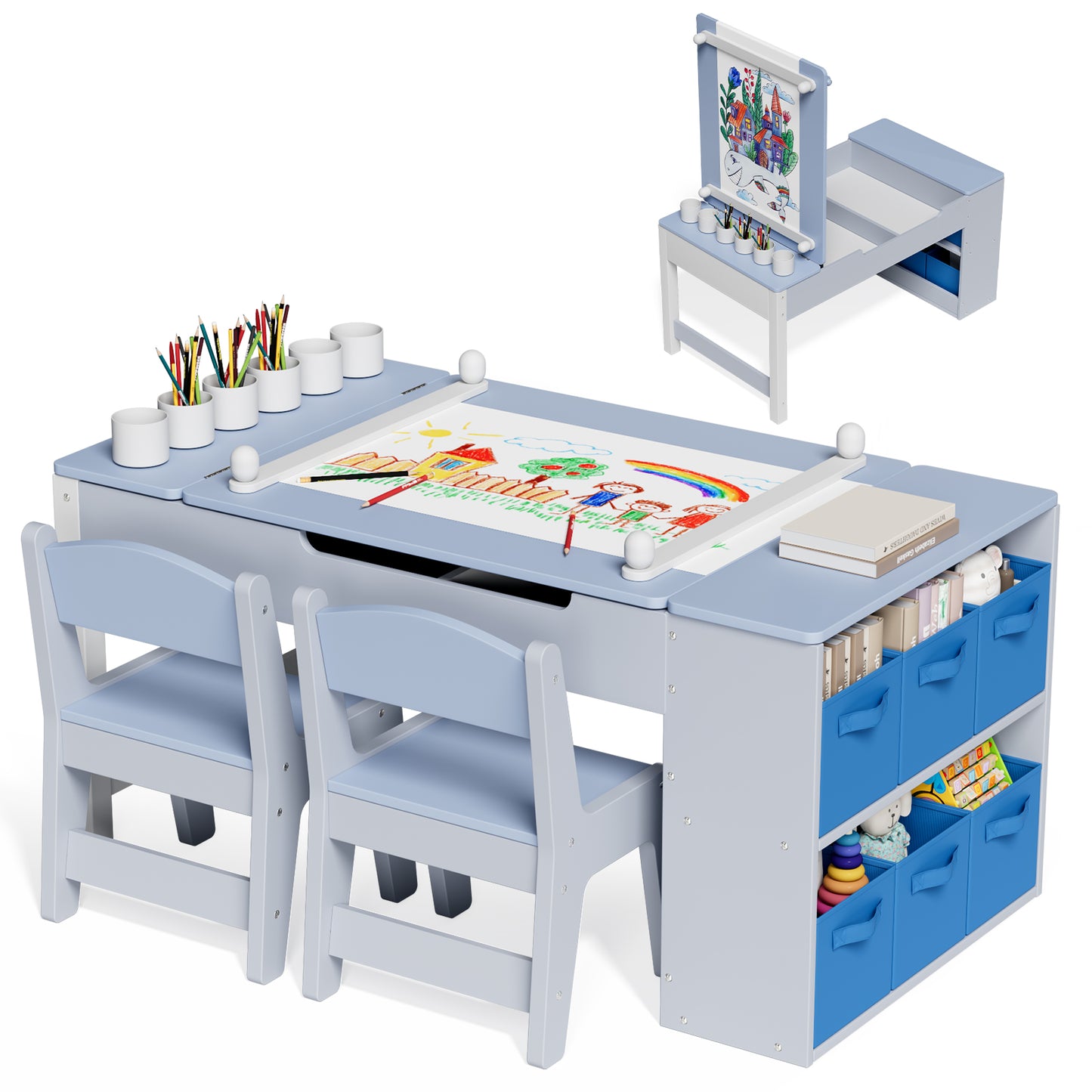 Arlopu 3 in 1 Activity Craft Table Set Kids Wooden Drawing Table Set with Art Easel Adjustable Tilt, 6 Storage Bins, 6 Paint Cup