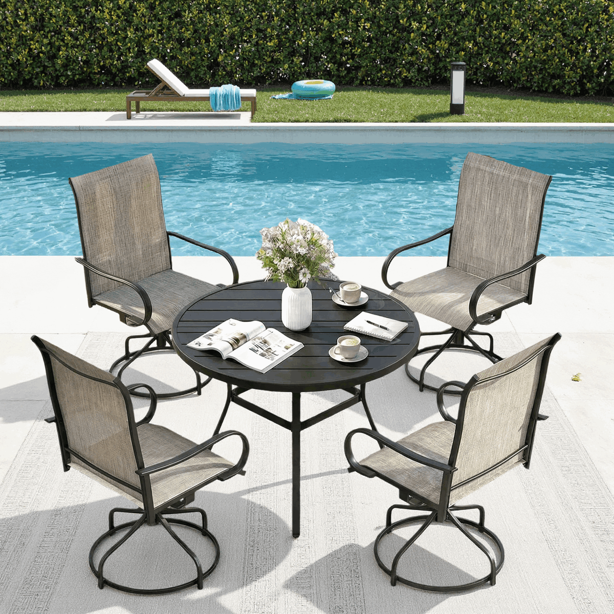 Arlopu 5-Piece Outdoor Patio Dining Set, Round Patio Table & 4 Textilene Swivel Chairs, Blue (Rocking not Included)