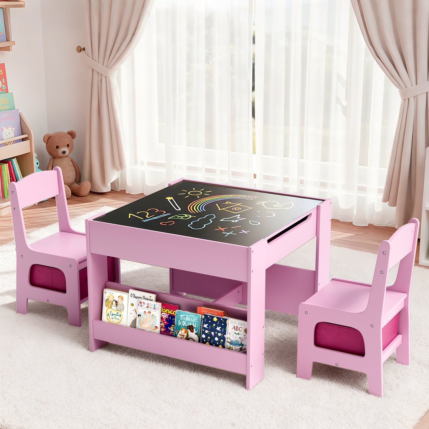Arlopu Kids Table & 2 Chairs Set, 4 in 1 Toddler Wooden Activity Table with Storage Drawer, Blackboard, Reversible & Detachable Tabletop, Bookshelf for Drawing Learning