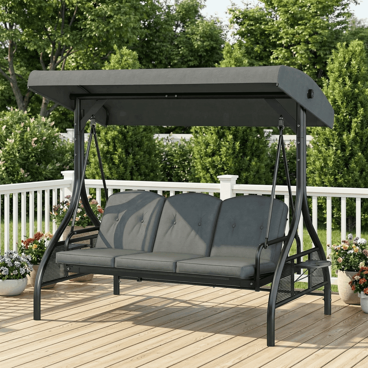 Arlopu 3-Seat Porch Swing with Cup Holder, Outdoor Patio Swing Chair with Adjustable Canopy & Removable Cushions, Swing Glider for Garden Poolside Backyard, Gray