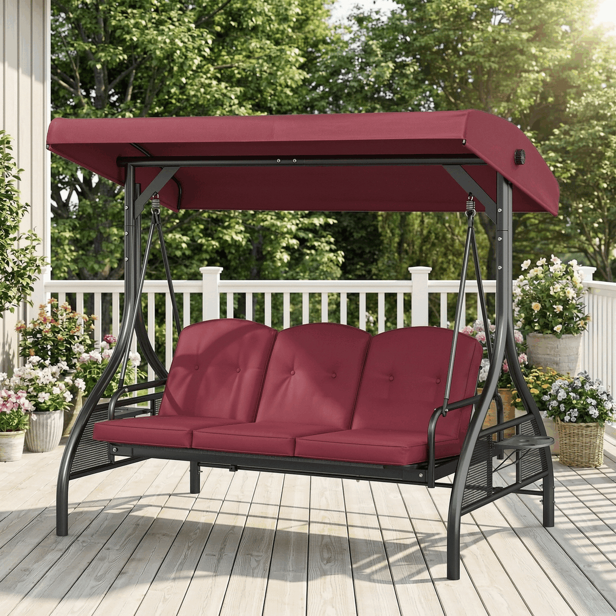 Arlopu 3-Seat Porch Swing with Cup Holder, Outdoor Patio Swing Chair with Adjustable Canopy & Removable Cushions, Swing Glider for Garden Poolside Backyard, Gray