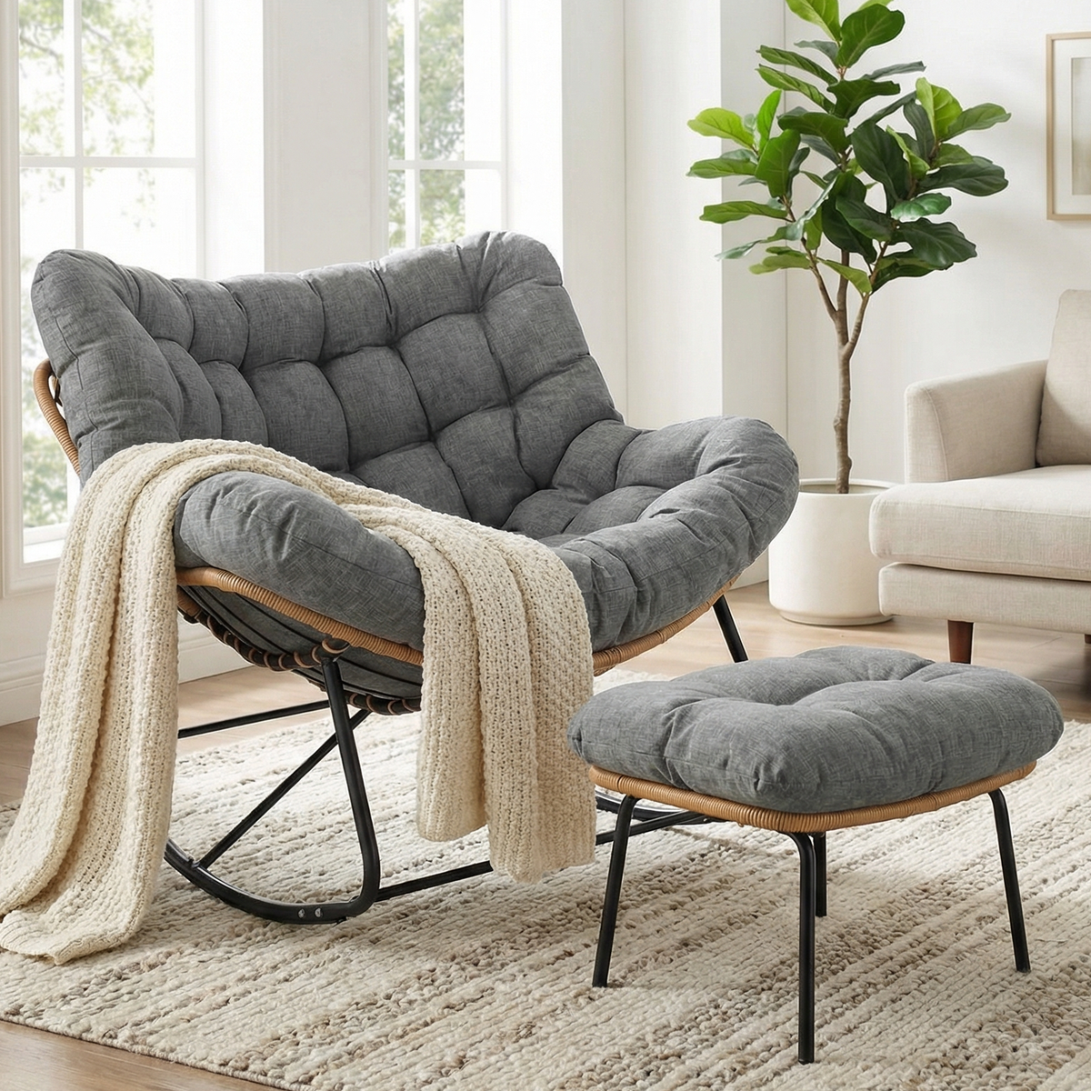 Arlopu Outdoor Papasan Rocking Chair with Ottoman, Oversized Padded Lounge Rocker with Cushion, Comfy Wicker Egg Lounge Chair, Large Indoor Rocking Recliner for Living Room/Porch/Garden