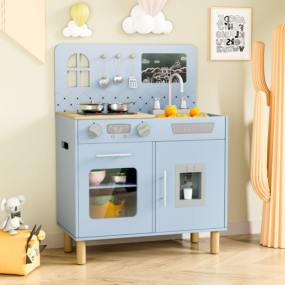 Arlopu Kids Play Kitchen, Ultimate Interactive Wooden Kitchen Playset with Chalkboard, Sink, Water Dispenser, 6 Pcs Cookware & Knob Sounds