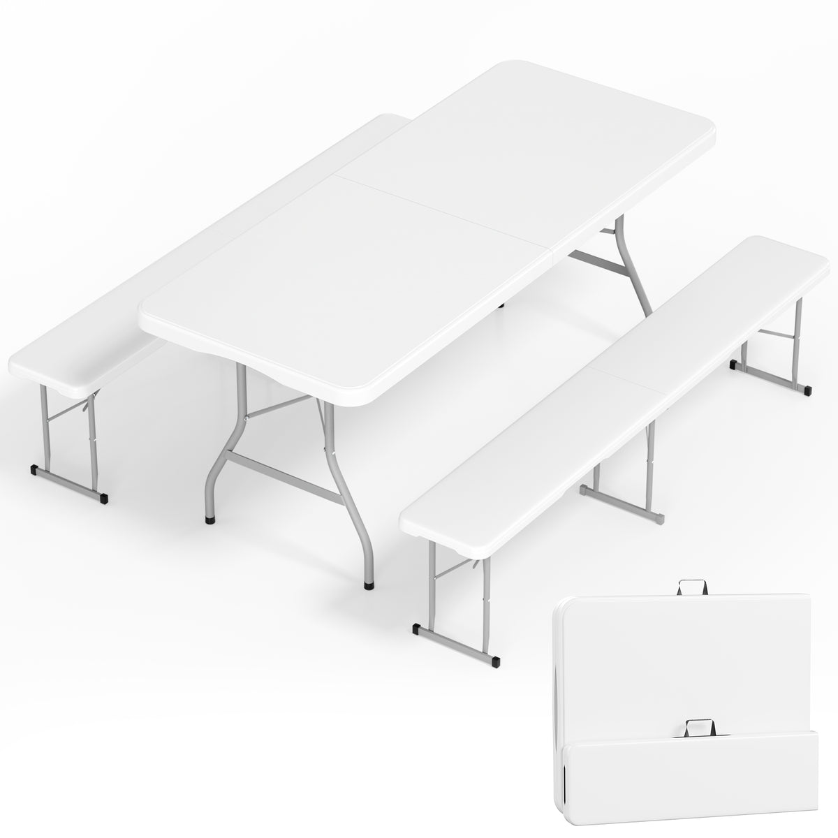 Arlopu 3pcs Outdoor Picnic Tableset, 6FT Folding Table with 2 Folding Benches for Camping, Black
