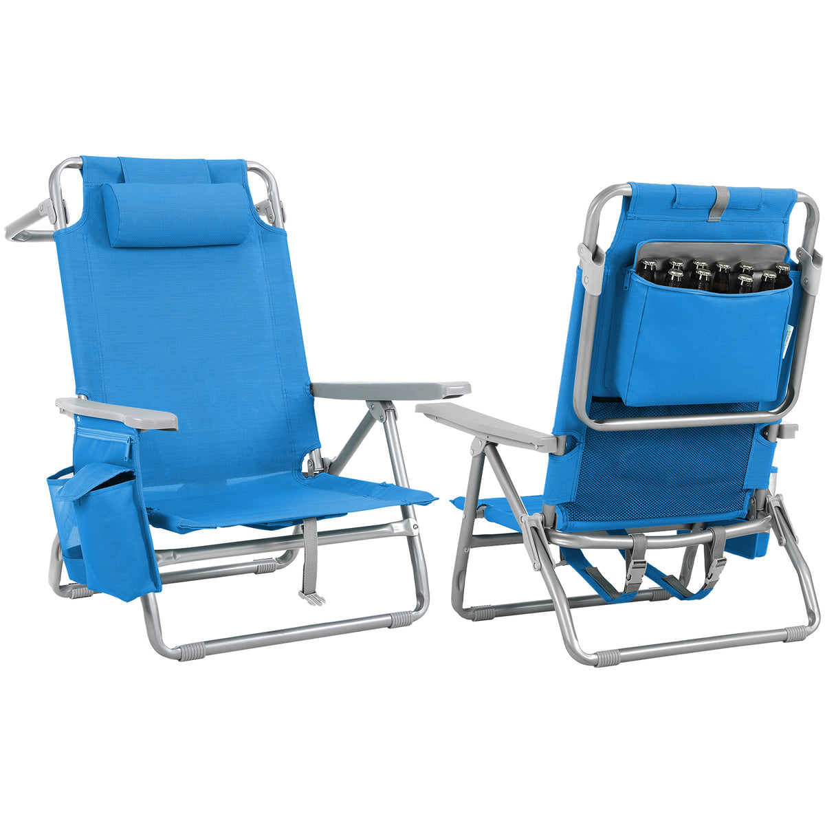 Arlopu Low Beach Chairs for Adults 2 Pack, 5 Position Backpack Beach Chair w/ Headrest, Cooler Pouch, Storage Bag, Towel Bar, Foot Mat