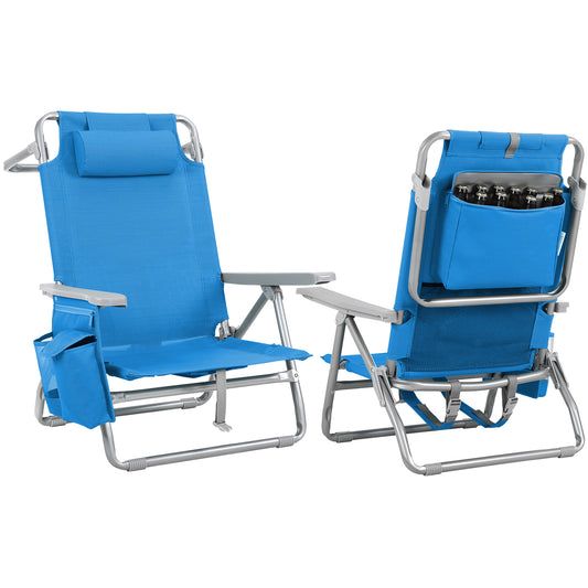Arlopu Low Beach Chairs for Adults 2 Pack, 5 Position Backpack Beach Chair w/ Headrest, Cooler Pouch, Storage Bag, Towel Bar, Foot Mat