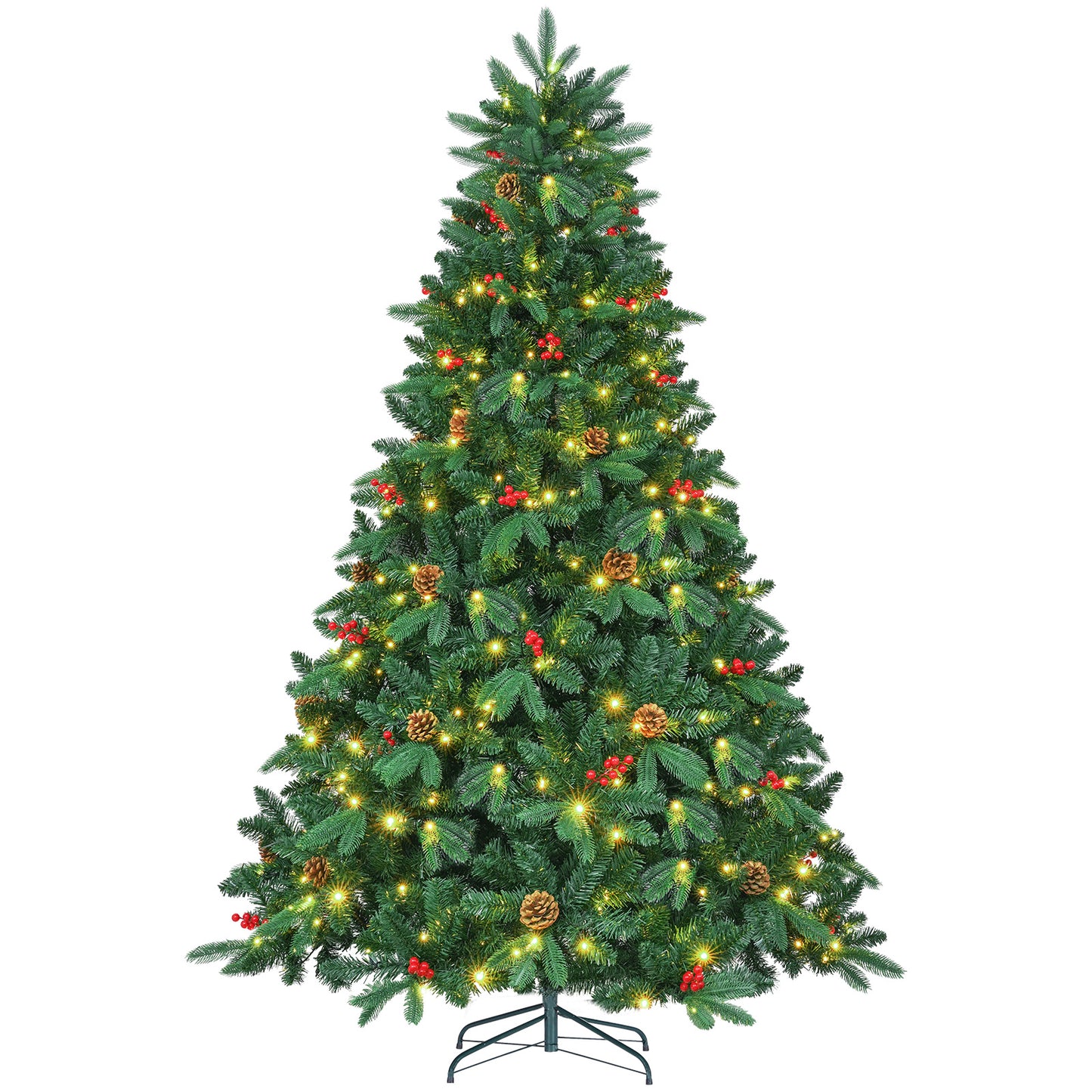 Arlopu 8/9ft Pre-lit Artificial Christmas Tree with Warm White Light, Hinged Xmas Tree with Pine Cones & Red Berries