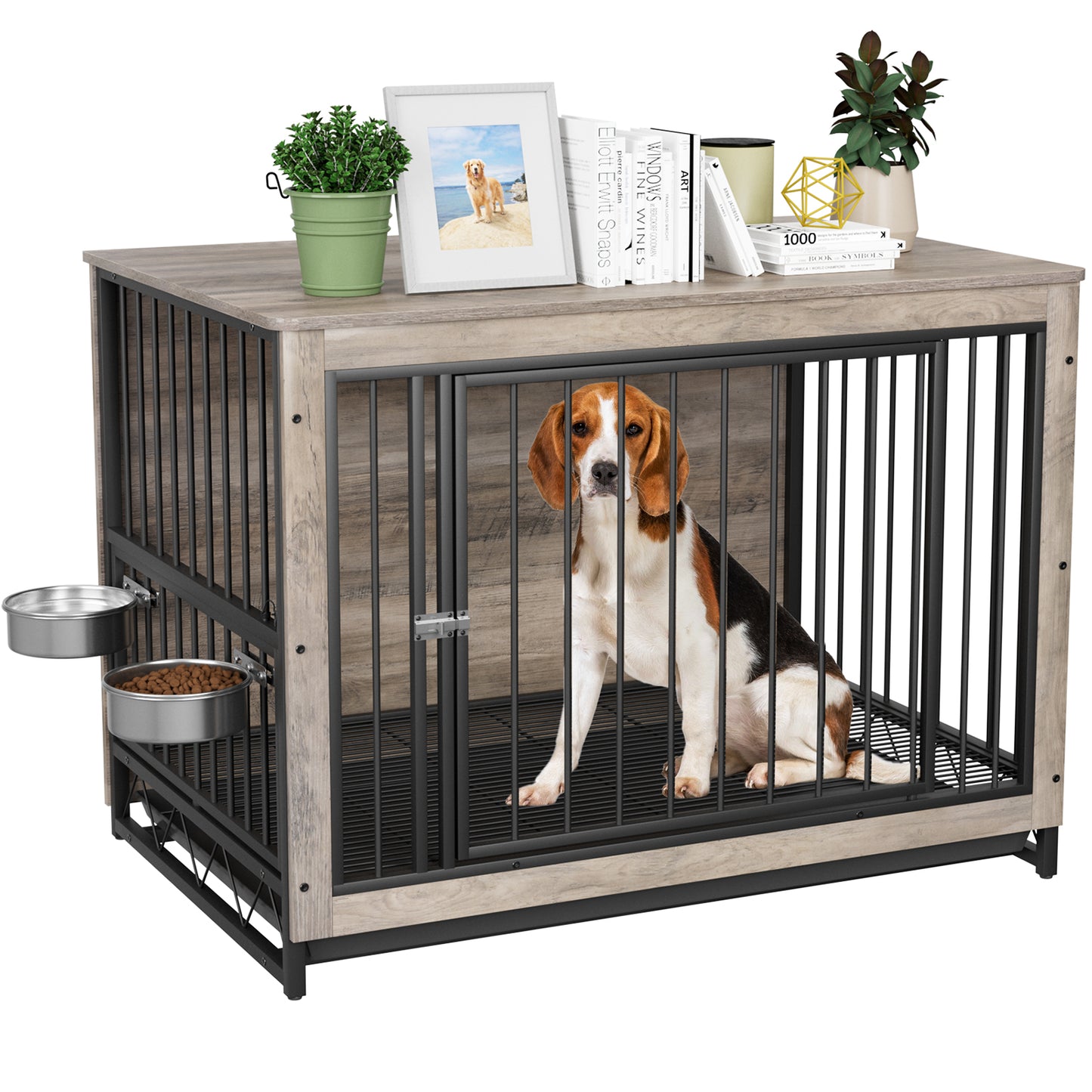 Arlopu Furniture Style Dog Crate with 2 Stainless Steel Bowls Wooden End Table Dog Cage Indoor Dog Kennel with Pull-Out Tray for Small Medium Dogs Under 70 lbs