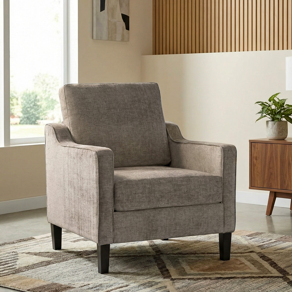 Arlopu Mid-Century Upholstered Accent Chair, Chenille Fabric Armchair, Modern Reading Chair for Living Room, Apartment, Office