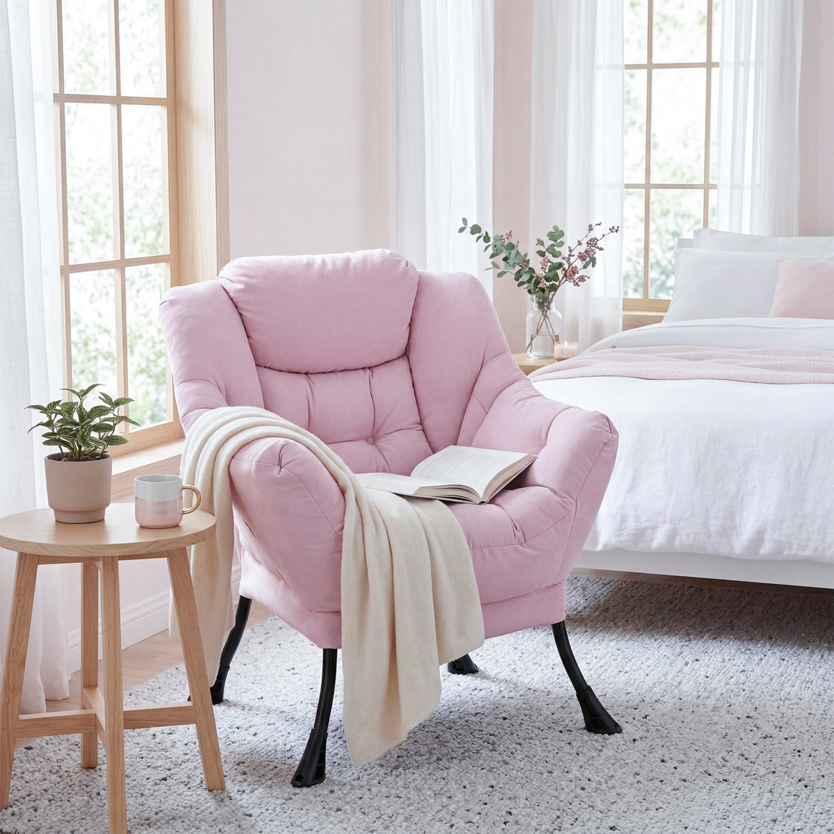 Arlopu Lazy Chair, Modern Lounge Reading Chair with Side Pocket, Upholstered Armchair for Living Room, Bedroom and Dorm