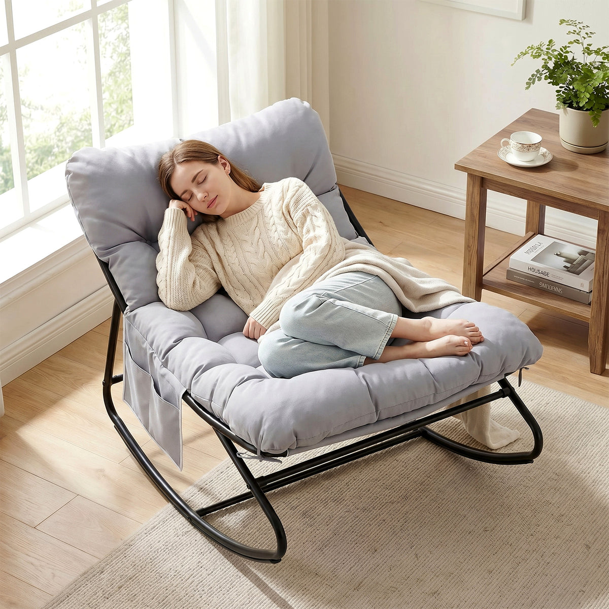 Arlopu Outdoor Papasan Rocking Chair, Oversized Padded Lounge Rocker with Cushion, Comfy Wicker Egg Lounge Chair, Large Indoor Rocking Recliner for Garden Porch Lawn Balcony