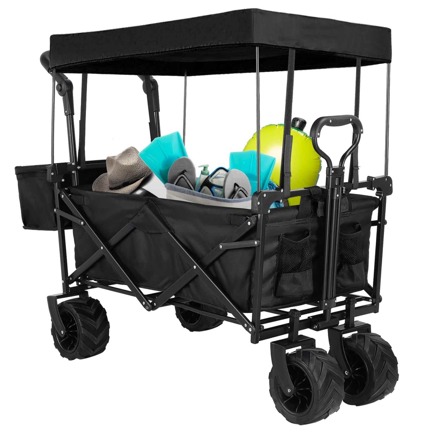 Arlopu Collapsible Wagon Cart Outdoor Folding Utility Garden Cart with All-Terrain Wheels and Removable Canopy