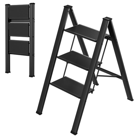 Arlopu 3 Step Ladder, Folding Step Stool with Wide Anti-Slip Pedals, Aluminum Portable Lightweight Ladder for Home, Kitchen, Office, Sturdy Temporary Storage Shelf Rack, Max Capacity 330lbs, Black