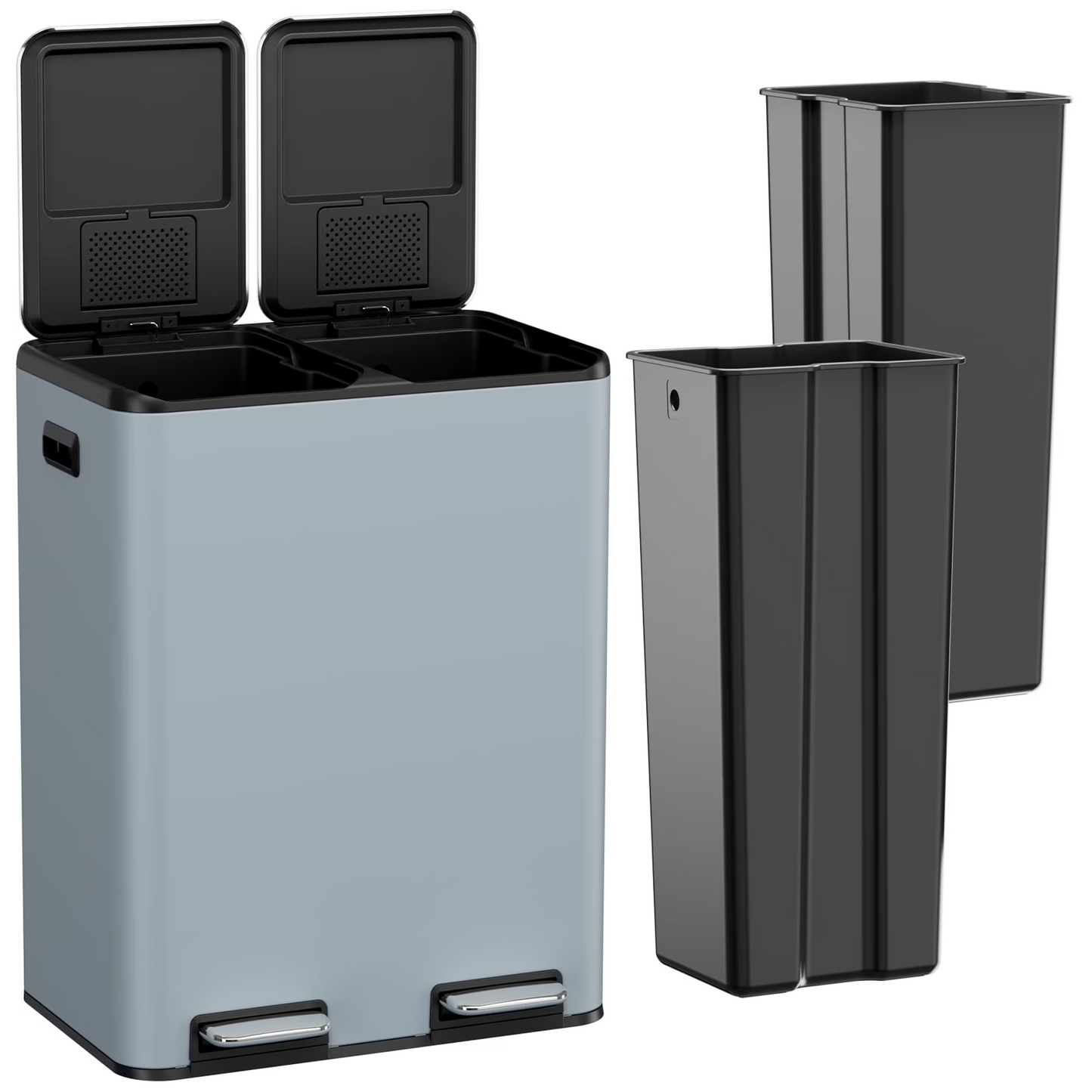 Arlopu 16 Gal Dual Kitchen Trash Can Rectangular Recycling Bin Stainless Steel, Soft Close Lid, 2 Built-in Box for Odor Control