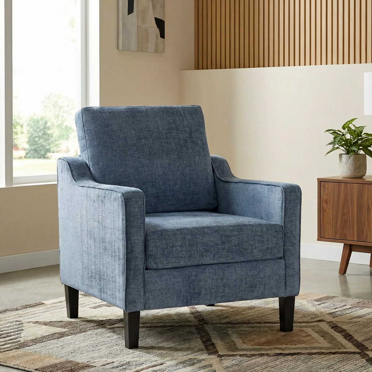 Arlopu Mid-Century Upholstered Accent Chair, Chenille Fabric Armchair, Modern Reading Chair for Living Room, Apartment, Office