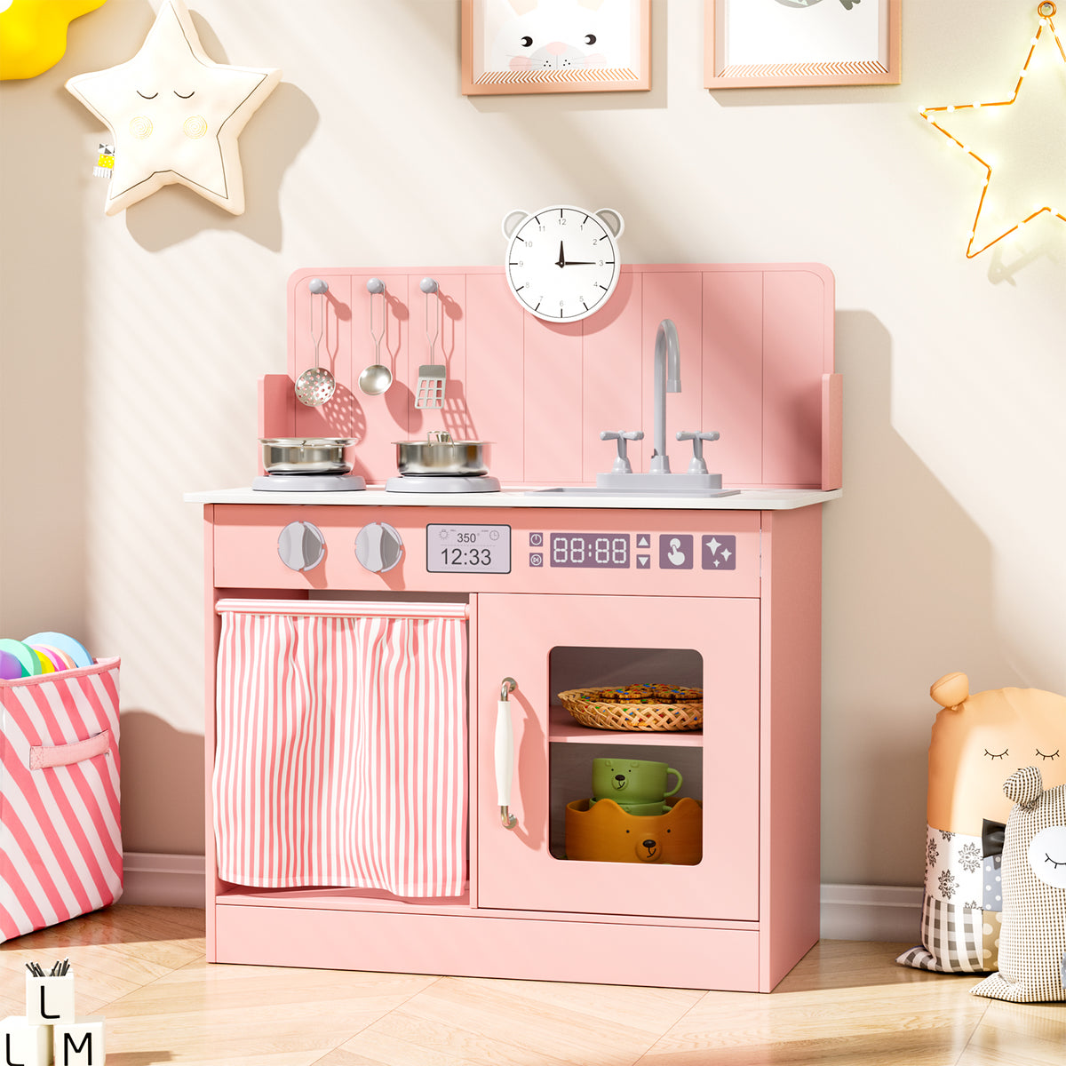 Arlopu Kids Pretend Play Kitchen Set, Wooden Kitchen Playset with Cookwares for Boys & Girls