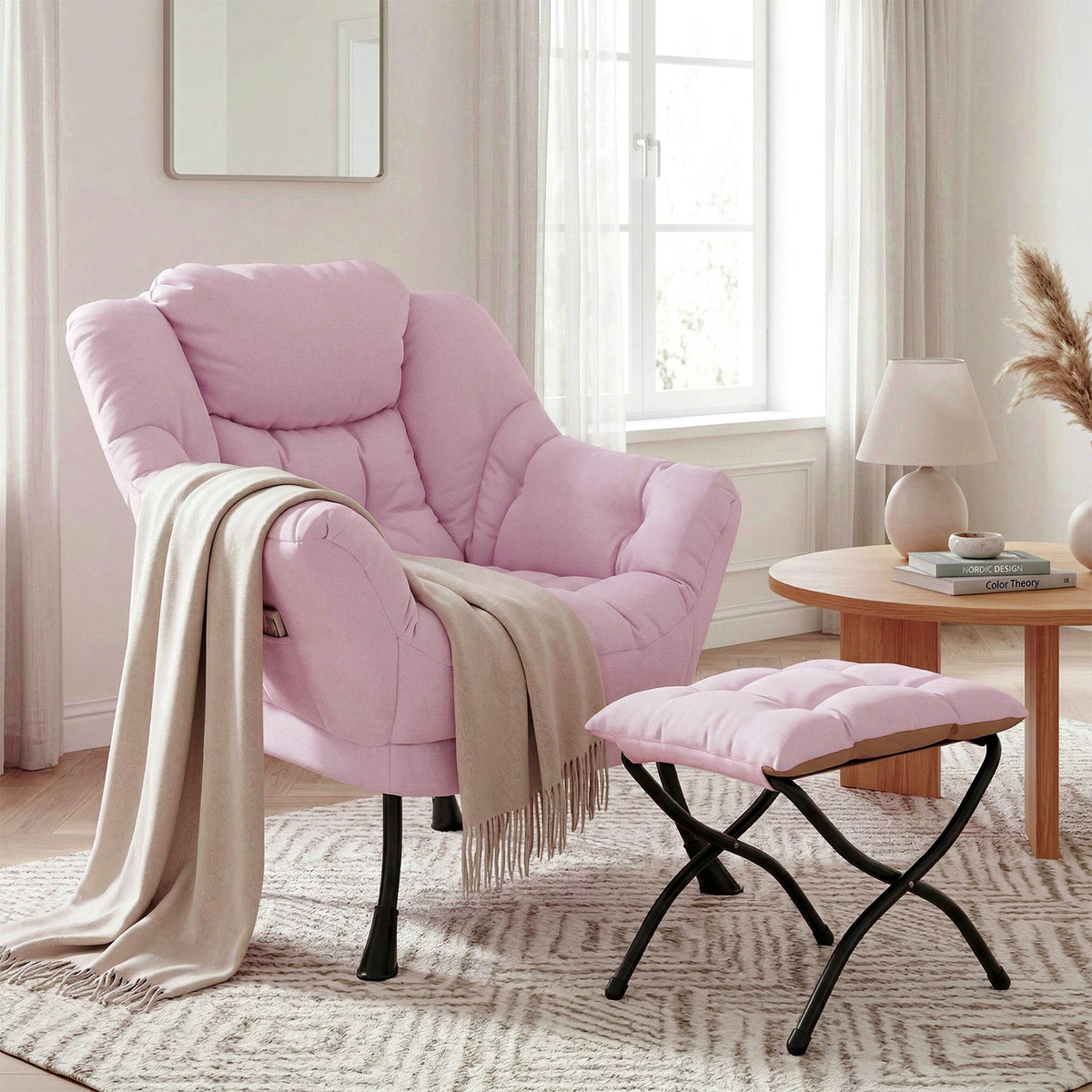 Arlopu Lazy Chair with Ottoman, Comfy Lounge Chair, Oversized Reading Armchair with Folding Footrest & Side Pocket for Living Room, Bedroom, Office