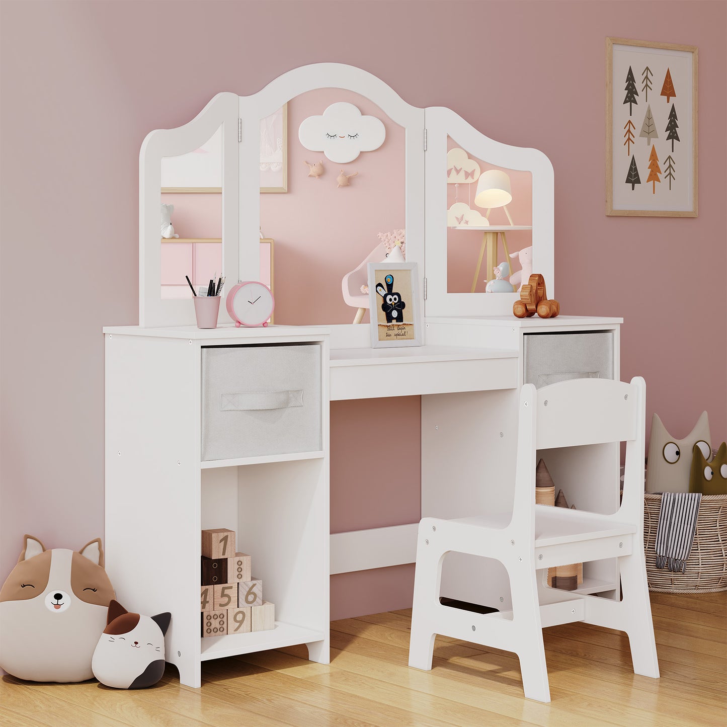 Arlopu Girls' Vanity Table and Chair Set Princess Makeup Dressing Play Table Set with Tri-Folding Mirror, Stool and Large Storage Shelves