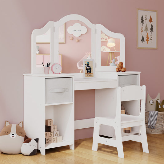 Arlopu Girls' Vanity Table and Chair Set Princess Makeup Dressing Play Table Set with Tri-Folding Mirror, Stool and Large Storage Shelves